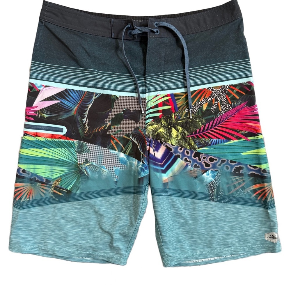 O’NEILL HYPERFREAK BLUE BOARD SHORTS / SWIMWEAR WITH FLORAL PRINT SIZE 30